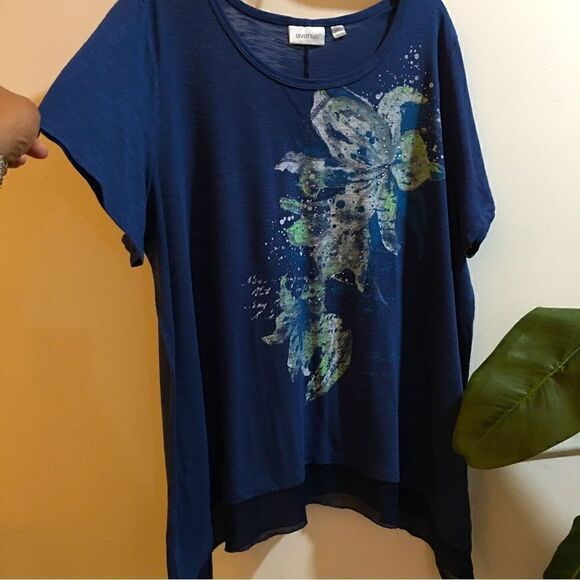 PLUS SIZE RHINESTONE, SHEER BOTTOM DRESSY TEE - Picture 1 of 7